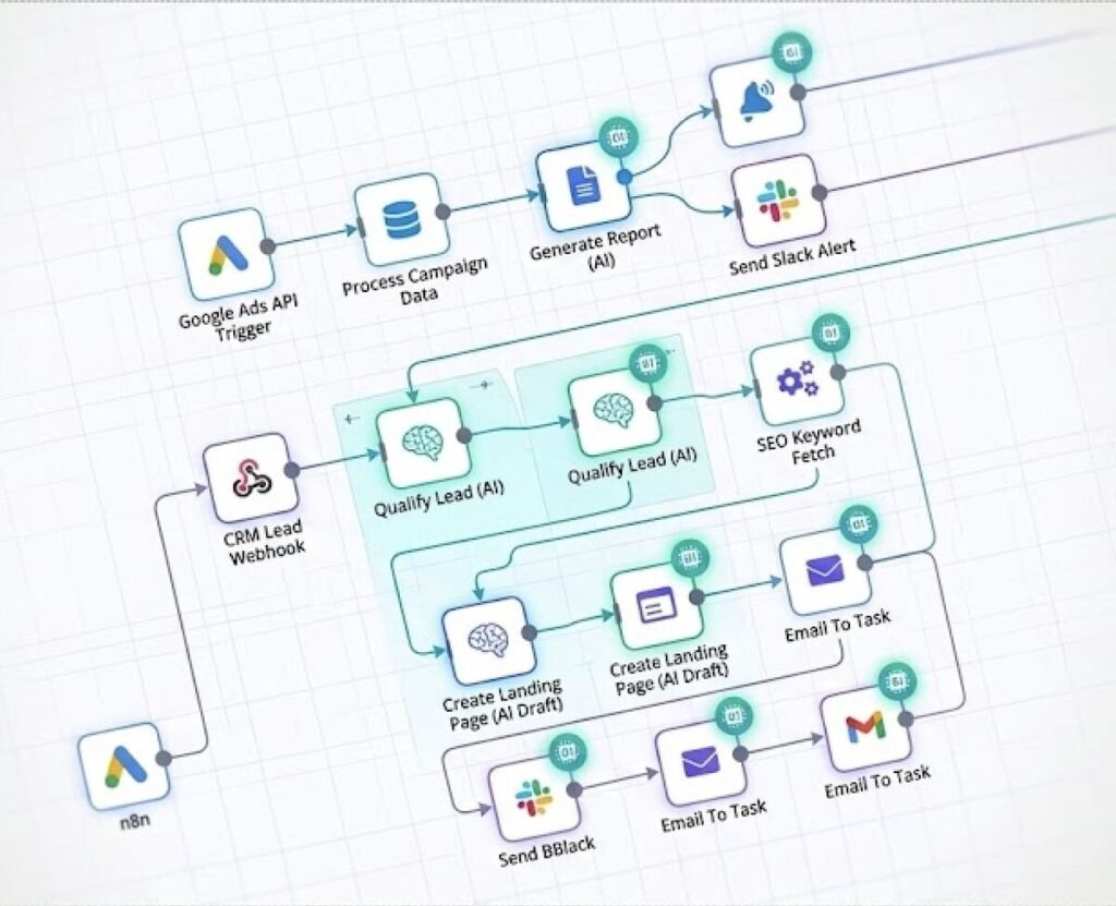 AI automation workflow built in n8n for Google Ads reporting