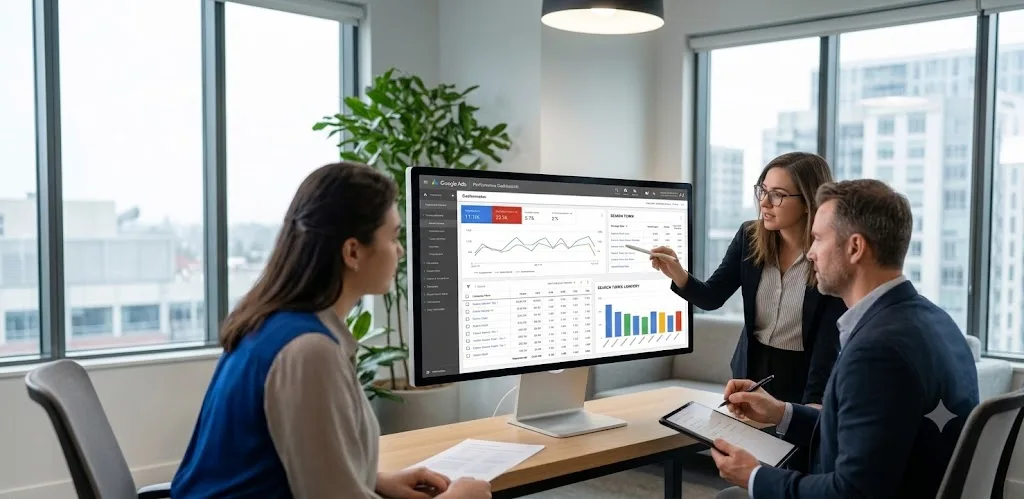 Google Ads consultant reviewing a performance dashboard with two clients